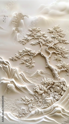 Beautiful sakura tree and mountain 3d relief wallpaper. Mural wallpaper. Wall art. AI generated illustration. © 3D