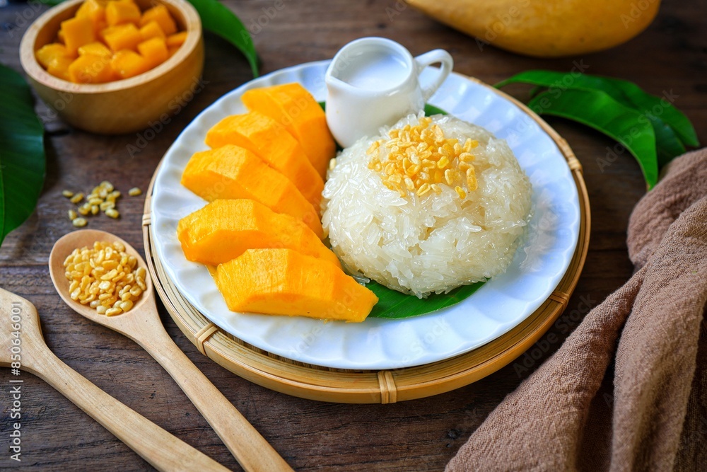 Mango and Sticky Rice on banana leaf with white plate and coconut milk wooden blackground, top view food table Mango and Sticky Rice on banana leaf with white plate and coconut milk wooden blackground, top view food table