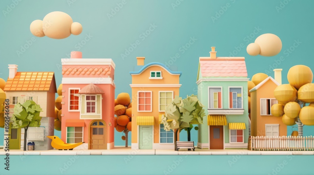 small town scenery flat design front view charming landmark 3D render Complementary Color Scheme small town scenery flat design front view charming landmark 3D render Complementary Color Scheme