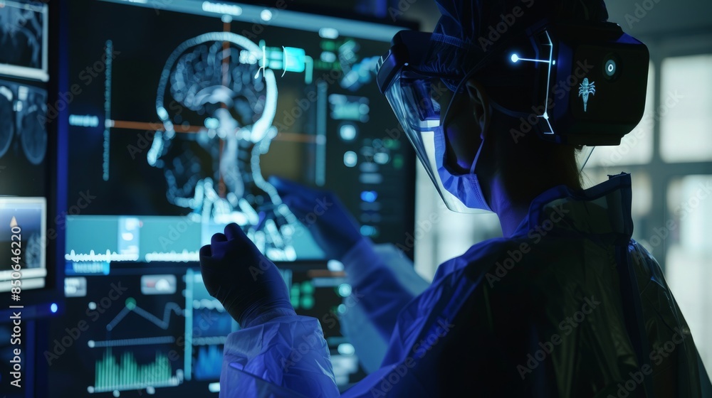 Medical Professional Examining Digital Brain Scan Medical Professional Examining Digital Brain Scan