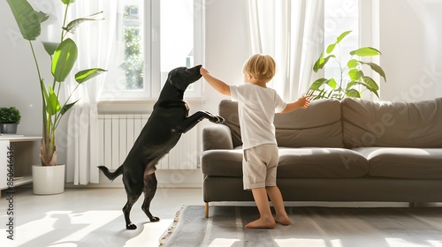 Young boy playing with a black dog in a bright, sunlit living room with green potted plants.