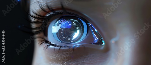 A hightech smart contact lens showing headsup display HUD information directly in the users vision photo