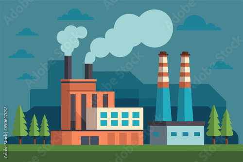 industrial site, includes a large building, tall chimneys with white smoke coming out of them. theme of economic development, but also raises concerns about pollution.