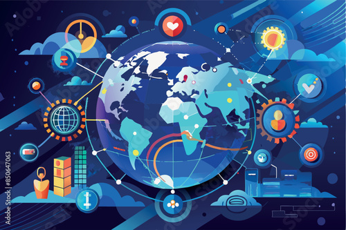 a map of the world in various shades of blue. It has several superimposed elements that imply digital communication and data exchange. representing different technologies and methods of communication