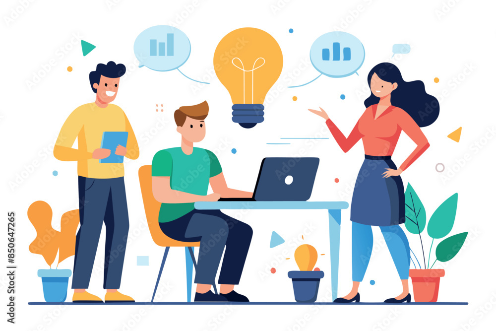 people in a working environment. There are also graphics with charts and leaves around them, indicating a creative or analytical process in business or education. people in a working environment. There are also graphics with charts and leaves around them, indicating a creative or analytical process in business or education.