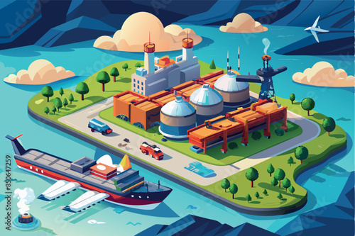 An industrial site on an island. it includes storage tanks, a flat-roofed building, wind turbines, and a train on tracks. three-dimensional theme on a plane.