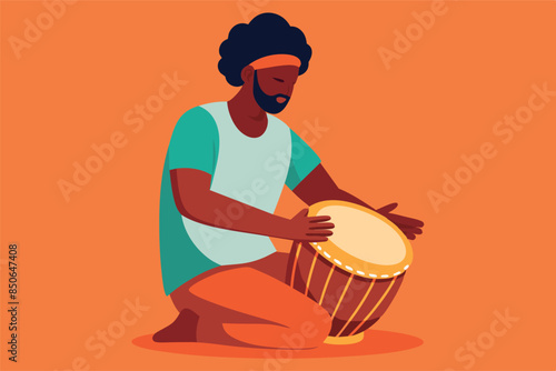 a man playing a drum. he wears a large headdress on his head and brightly colored clothing characteristic of traditional African dress.