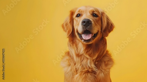 Cheerful Golden Retriever dog sitting against a yellow background, looking happy and content.