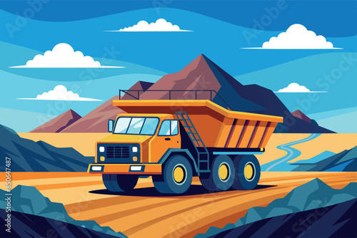 A large yellow dump truck traveling on a dirt road through a mountainous landscape.  Mining or processing pit. construction, mining theme