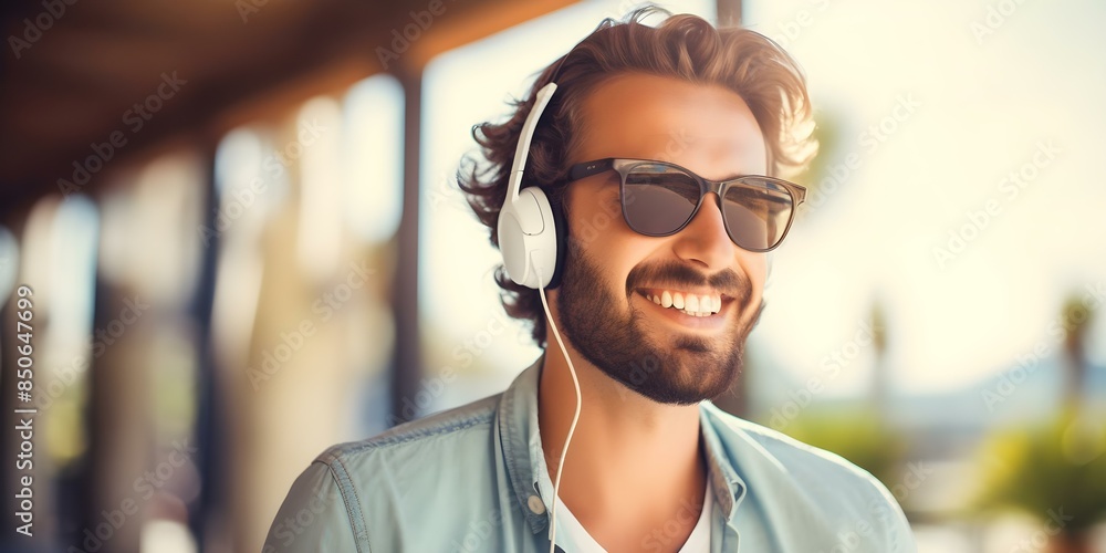 Close-up shot of a young man smiling while listening to music on headphones. Concept Outdoors, Close-up Shot, Smiling, Young Man, Listening to Music, Headphones Close-up shot of a young man smiling while listening to music on headphones. Concept Outdoors, Close-up Shot, Smiling, Young Man, Listening to Music, Headphones