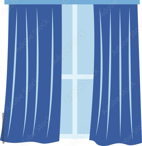 Blue curtains windowpane graphic design isolated white background. Home decor illustration simple blue curtains elegant interior design. Cartoon style window dressing living room bedroom vector