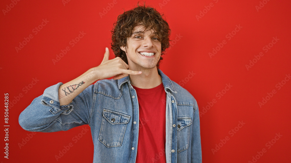 A young hispanic man makes a phone gesture against a red background, smiling with a beard and denim jacket. A young hispanic man makes a phone gesture against a red background, smiling with a beard and denim jacket.