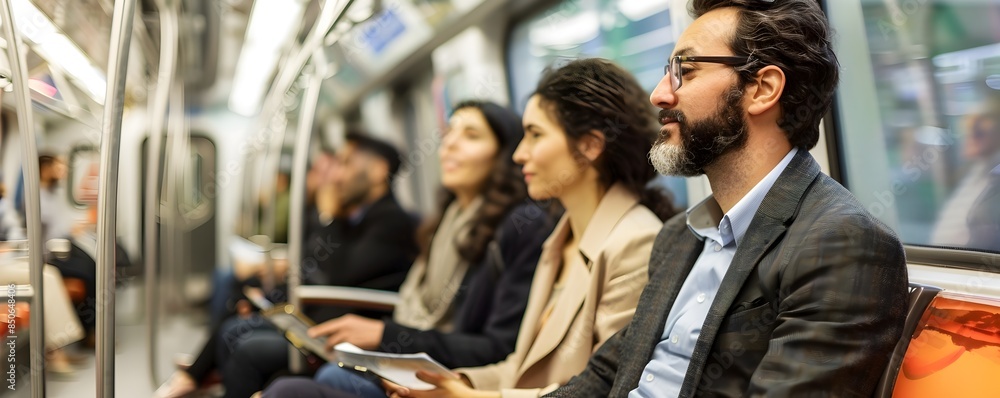 Business team brainstorming during crowded subway commute