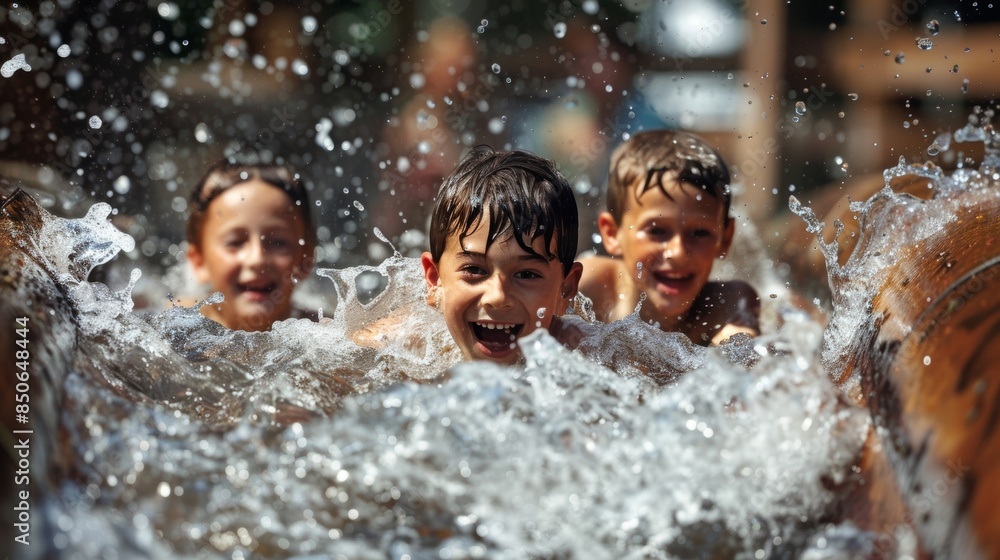 Obraz premium A family cools off on a hot day by riding a solarpowered log flume splashing through the refreshing water.