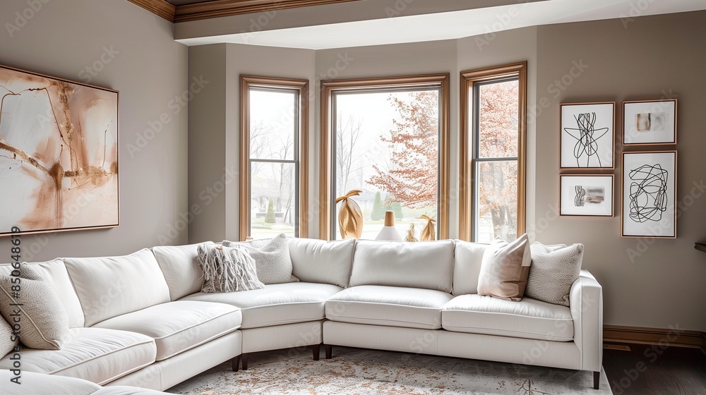 A chic living room featuring taupe walls, a sleek white sectional, a sizable bay window with a wooden frame, and a display of rose gold frames containing abstract paintings on the sofa side wall A chic living room featuring taupe walls, a sleek white sectional, a sizable bay window with a wooden frame, and a display of rose gold frames containing abstract paintings on the sofa side wall