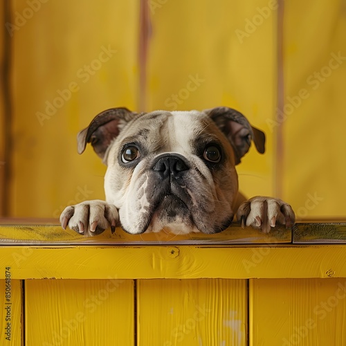 Cute bulldog with paws on yellow fence, expressing curiosity and endearment against a vibrant yellow background. photo