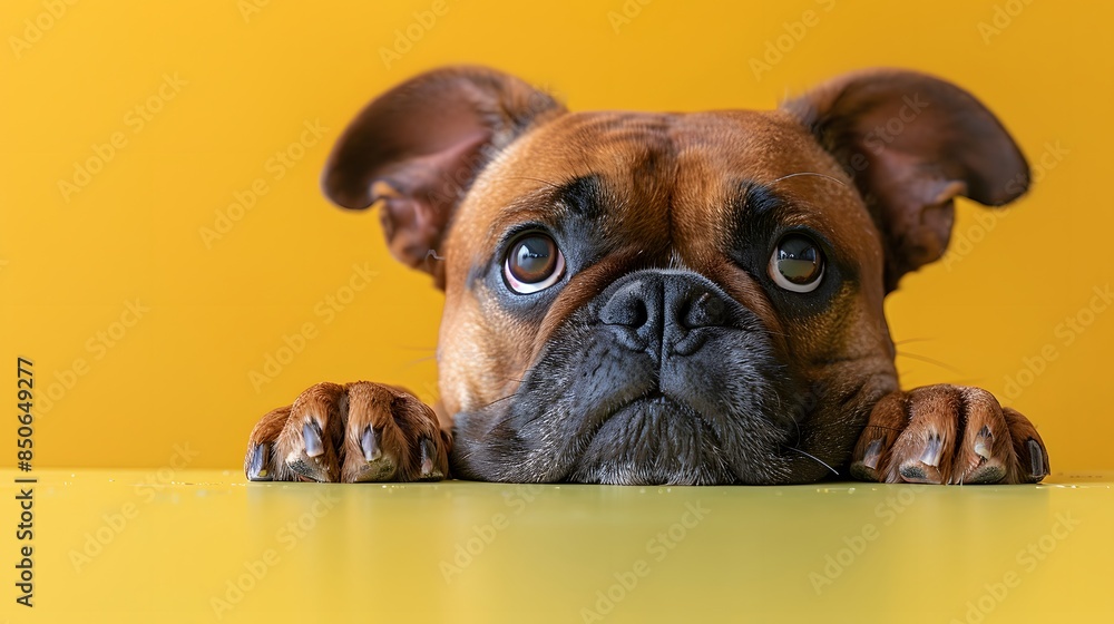 Cute dog with sad eyes peeking over a yellow table against yellow background. Adorable pet expressions and emotions. Close-up photograph.