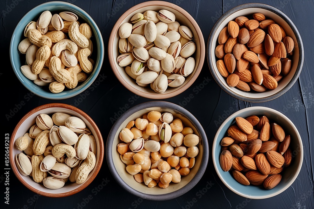 Variety of Assorted Nuts in Bowls, Including Cashews, Almonds, Walnuts, and Peanuts Variety of Assorted Nuts in Bowls, Including Cashews, Almonds, Walnuts, and Peanuts