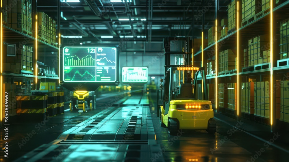 Autonomous forklifts transporting goods in a modern warehouse, holographic screens displaying efficiency metrics, neon green and yellow, hightech automation, 3D render Autonomous forklifts transporting goods in a modern warehouse, holographic screens displaying efficiency metrics, neon green and yellow, hightech automation, 3D render