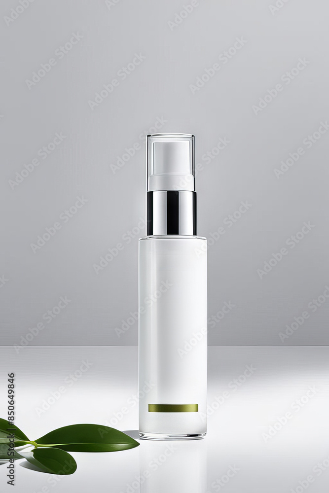 White unbranded dropper bottle with cream, lotion or other cosmetic product on white background with green leaves White unbranded dropper bottle with cream, lotion or other cosmetic product on white background with green leaves