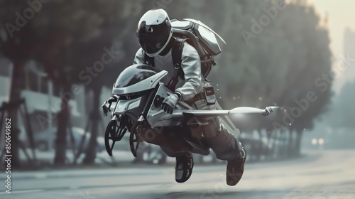 An advanced jetpack with a compact, highefficiency propulsion system designed for personal urban travel photo