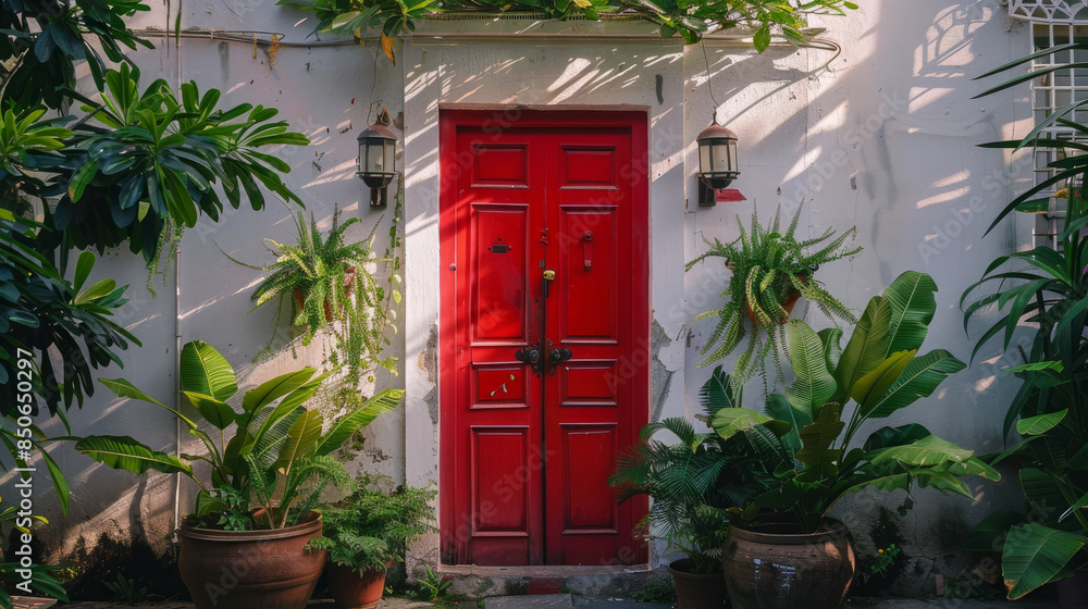 A red door with white around the edges, lanterns on both sides, and green plants in front. A red door with white around the edges, lanterns on both sides, and green plants in front.