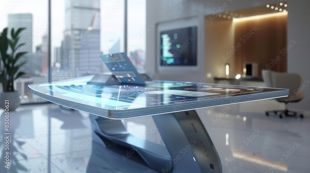Naklejka premium An advanced smart desk with embedded touch controls and a holographic interface for seamless multitasking