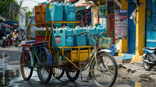 A tricycle in Surabaya, Indonesia, was used to transport large containers of water on June 22, 2023.