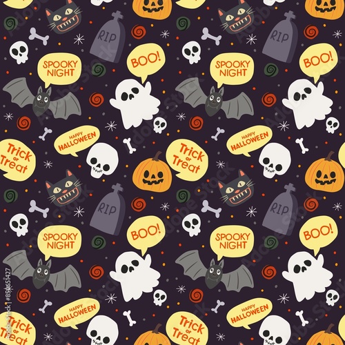Halloween seamless pattern - creepy pumpkin lanterns with scary faces, traditional holiday halloween symbols ,seamless texture