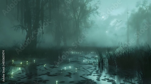 Eerie, misty swamp at night with glowing orbs and shrouded trees. photo