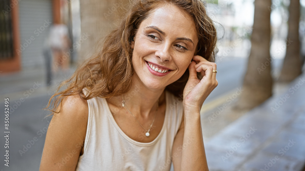 A smiling young caucasian woman wearing wireless earphones stands on a city street. A smiling young caucasian woman wearing wireless earphones stands on a city street.