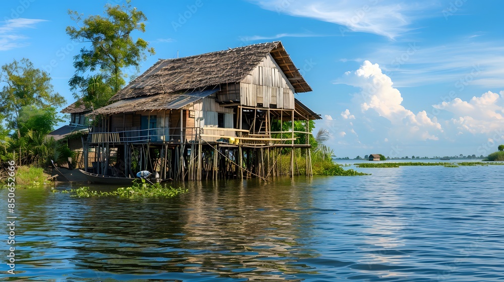 Stilt house, representing the unique architecture of Southeast Asia. Wooden house elevated on sturdy stilts above the water, as commonly seen in floating villages Stilt house, representing the unique architecture of Southeast Asia. Wooden house elevated on sturdy stilts above the water, as commonly seen in floating villages