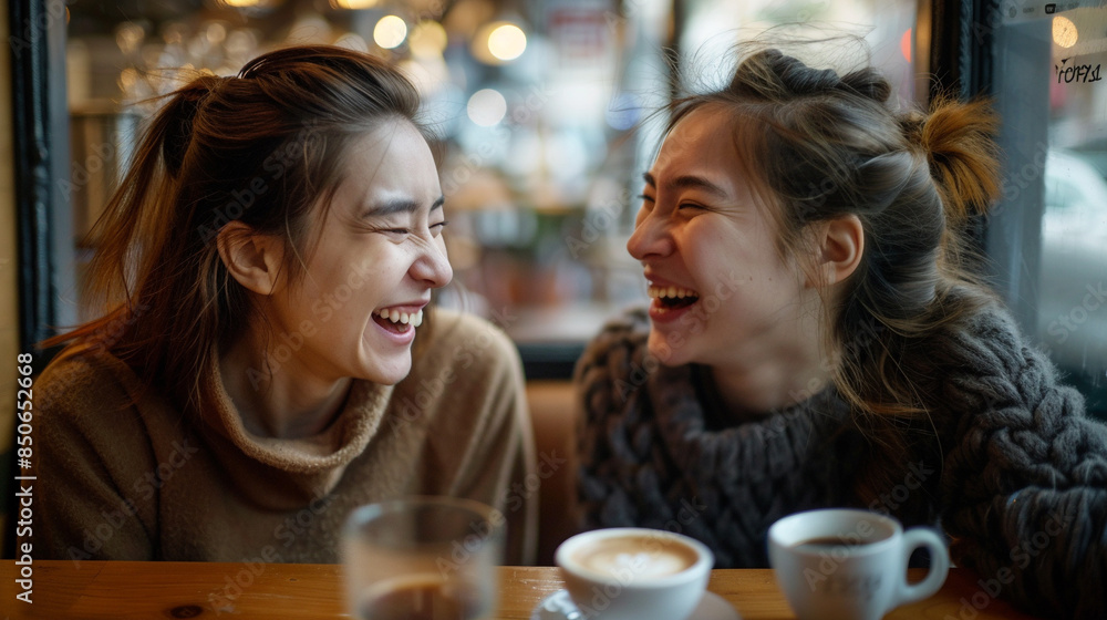 Two friends sharing a laugh over coffee - Generative AI Two friends sharing a laugh over coffee - Generative AI
