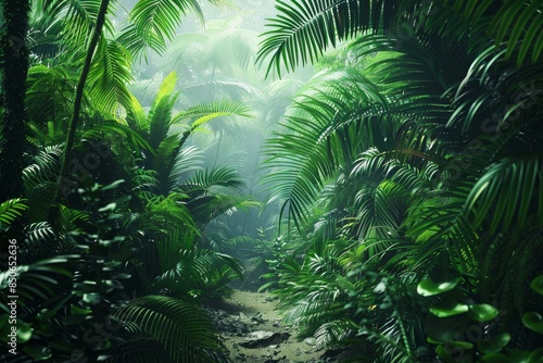 Serene, misty jungle scene with a hidden path among lush green foliage