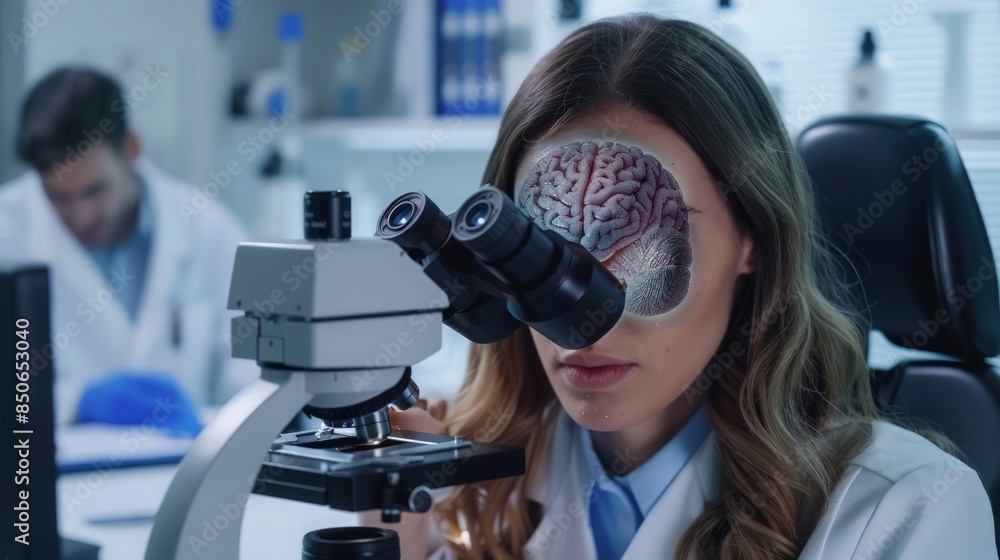 Woman Scientist Looking Through Microscope with Brain Overlay Woman Scientist Looking Through Microscope with Brain Overlay