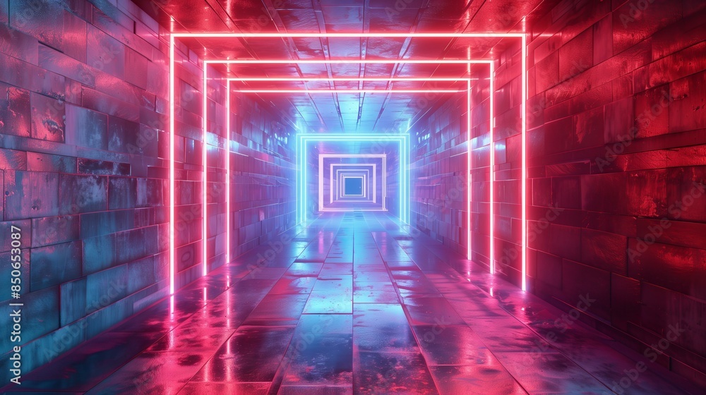 Futuristic neon tunnel with vibrant blue and pink lights creating a geometric pattern, reflecting off shiny metallic walls. Futuristic neon tunnel with vibrant blue and pink lights creating a geometric pattern, reflecting off shiny metallic walls.