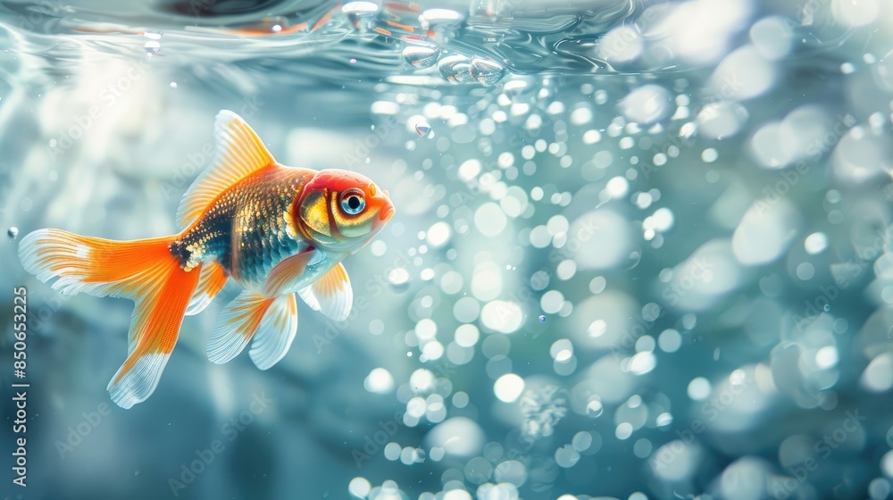 Goldfish gracefully moving in the transparent aquarium water appears stunning Goldfish gracefully moving in the transparent aquarium water appears stunning