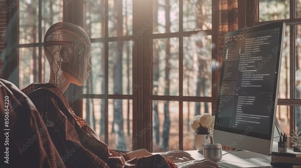 A humanoid robot programming at a desktop computer in a sunlit modern cabin, blending technology with nature. A humanoid robot programming at a desktop computer in a sunlit modern cabin, blending technology with nature.