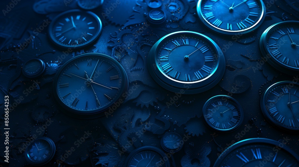 A mesmerizing collection of antique clocks, illuminated by blue ambient lighting, depicting the passage of time and craftsmanship. A mesmerizing collection of antique clocks, illuminated by blue ambient lighting, depicting the passage of time and craftsmanship.