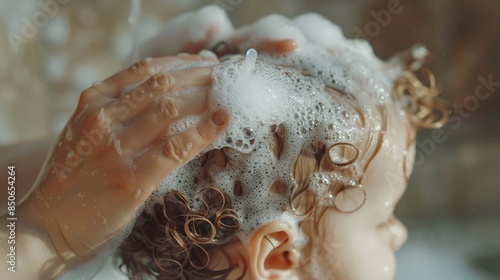 Detailed view of a parent's hands washing a baby's hair with tear-free shampoo, emphasizing the care and the suds --ar 16:9 Job ID: 00f91987-c2f1-4cf8-8a91-53caf65b7637