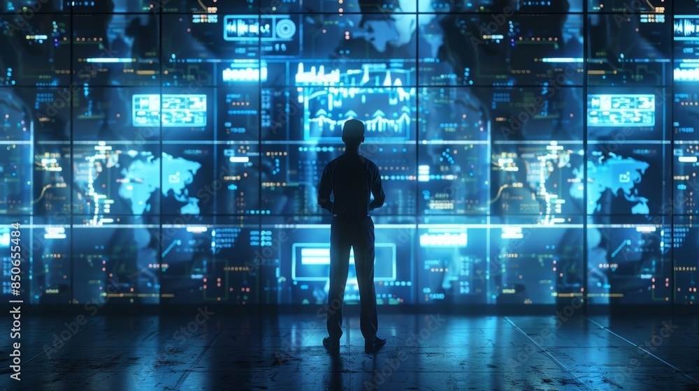 Standing in front of a wall of monitors a data forensics expert conducts a thorough analysis of a companys network traffic in order to identify any unauthorized access and potential Standing in front of a wall of monitors a data forensics expert conducts a thorough analysis of a companys network traffic in order to identify any unauthorized access and potential