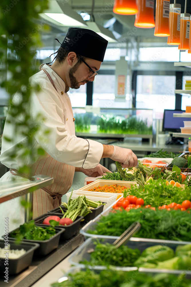 Chef Prepares Fresh Salad Bar for Restaurant Guests Chef Prepares Fresh Salad Bar for Restaurant Guests