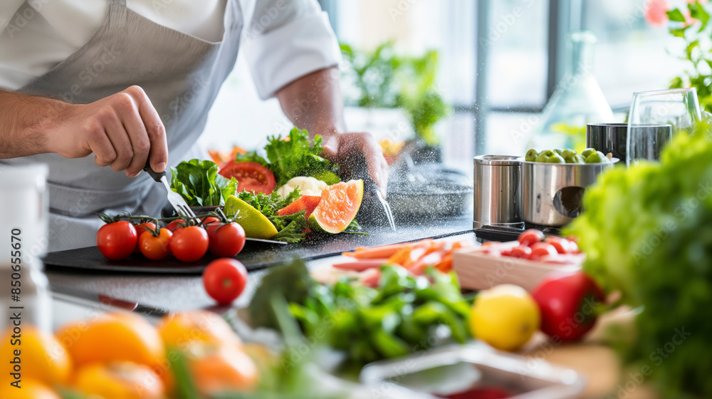 Chef Prepares Fresh Salad Bar for Restaurant Guests