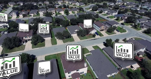 Real estate property values increasing pop-up bubbles over homes in a residential neighborhood. Housing bubble, land of opportunity, opportunity is knocking concept.  	
