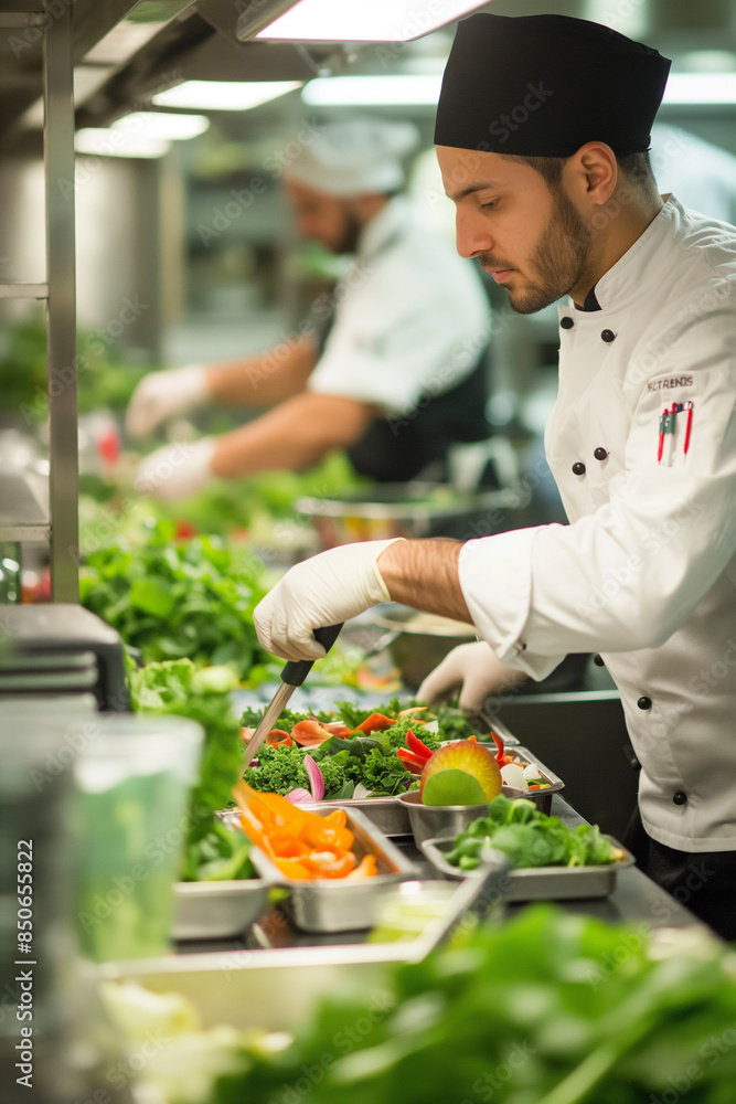 Chef Prepares Fresh Salad Bar for Restaurant Guests Chef Prepares Fresh Salad Bar for Restaurant Guests