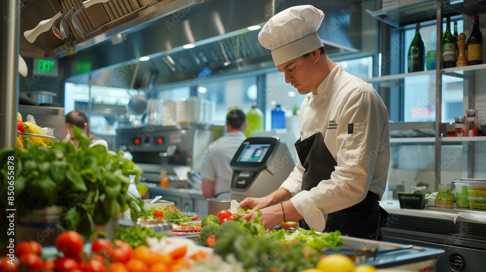 Chef Prepares Fresh Salad Bar for Restaurant Guests Chef Prepares Fresh Salad Bar for Restaurant Guests