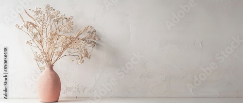 Dried Flowers in a Stylish Pink Ceramic Vase on a Table. Detail of Contemporary Cozy Interior. Blank Space for Text. White Wall. Nordic Beige Background. Minimalistic Scandinavian Style. Empty Mockup