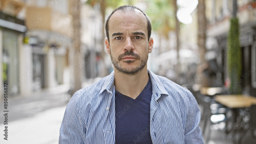 Naklejka premium A confident hispanic man with a beard and shirt stands on a city street, conveying an urban vibe.