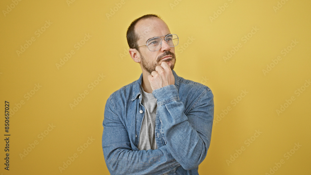 Thoughtful bald man with beard in denim shirt against yellow background. Thoughtful bald man with beard in denim shirt against yellow background.