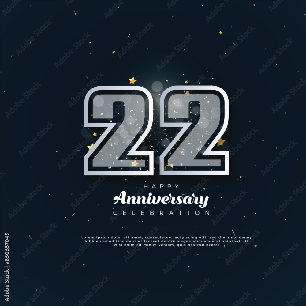 Naklejka premium 22th Anniversary celebration, 22 Anniversary celebration in black BG, stars, glitters and ribbons, festive illustration, white number 22 sparkling confetti, 22,23 